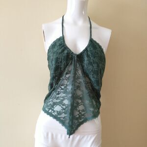 Butterfly Fly Away Cami Top L Kelly Green Lace Sheer Halter Open Y2K Halter